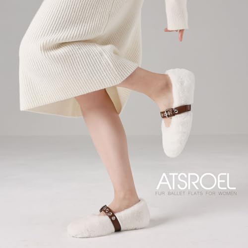 Fur Ballet Flats for Women Buckle Strap Mary Jane Shoes Comfy Ballerina Flats Casual Office Mary Janes Cute Faux Fur Flat Shoes for Women3