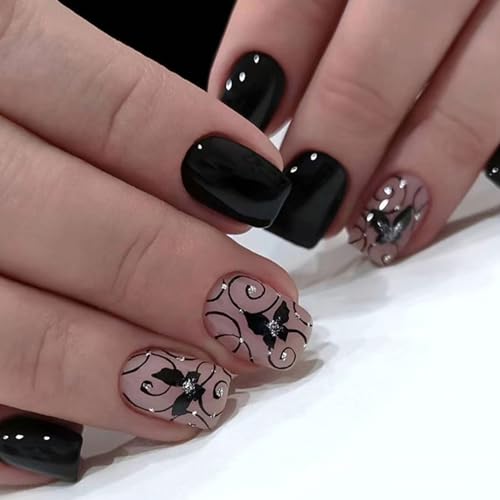 GXOIPNS Black Butterfly Design Short Square Press-on Nails, 24 Pcs (1 Set) with Glue, File & Wooden Stick