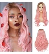 Dai Cloud Pink Wigs for Women Dark Brown Roots Hairs Long Curly Wavy Loose Natural Hair Wig Synth...
