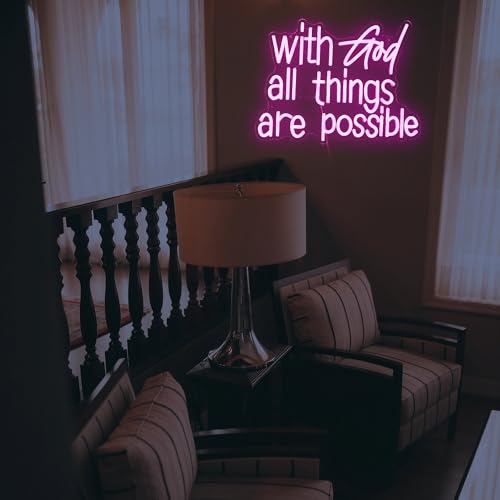 Image of With God All Things Are Possible Neon Sign Beautiful Pink God Led Lights for Wall Decor Dimmable USB Powered Light up Sign 16.9 * 13 Inch Neon Light for Room Party Wedding Church Decor