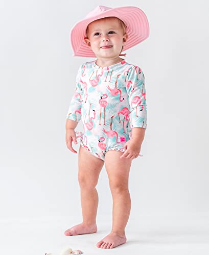 Image of RuffleButts Baby Girls UPF 50+ Sun Protection Floral Printed Long Sleeve One Piece Rash Guard Swimsuit with Zipper