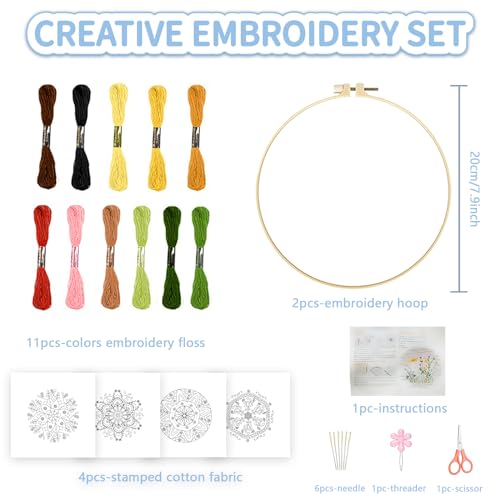 Image of FREEBLOSS 4 Set 8'' Embroidery Kit for Beginners Mandala Pattern Embroidery Kit with Instructions Full Kit of Embroidery Cloth 2 Embroidery Hoops 11 Colors Flosses