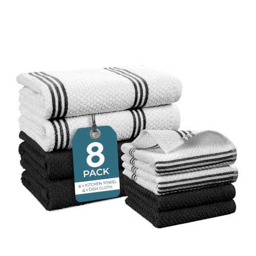 Casa Platino Kitchen Towel Set 8 Pc - 4 Dish Towels for Kitchen (16"x26") & 4 Dish Cloths (13"x13") - Absorbent, Quick Dry, Durable Cleaning Cloth & Hand Towels With Hanging Loop for Cleaning - Black.