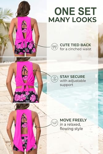 Image of 3 Piece Swimsuits Open Tie Back Tankini Top And Athletic Swim Shorts | Supportive Strappy Swim Bra, Adjustable Straps, Removable Pads, Tummy Control Boyshorts, Quick Dry Fabric, XXS-20 Plus