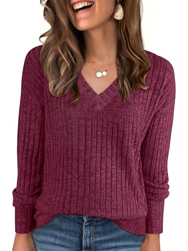 Image of ANRABESS Long Sleeve Shirts for Women V Neck Casual Fall Tops Loose Fit Lightweight Sweaters Tunic Fashion 2025 Clothes