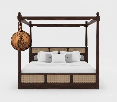 Image of Sheesham Solid Wood Allure Poster Bed for Bedroom | Handmade Wooden Cot | Elegant Four Poster King Size Bed Frame (Walnut, Queen, Allure with Storage(Cane))
