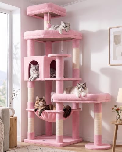 Image of Globlazer Extra Large Platform Cat Tree, 65in Sturdy Cat Scratching Tree for Indoor Cats Large Adult, Big Cat Perch Tower with 3 Padded Perches, 6 Scratching Posts, Cat Condo, Hammock, S65, Pink