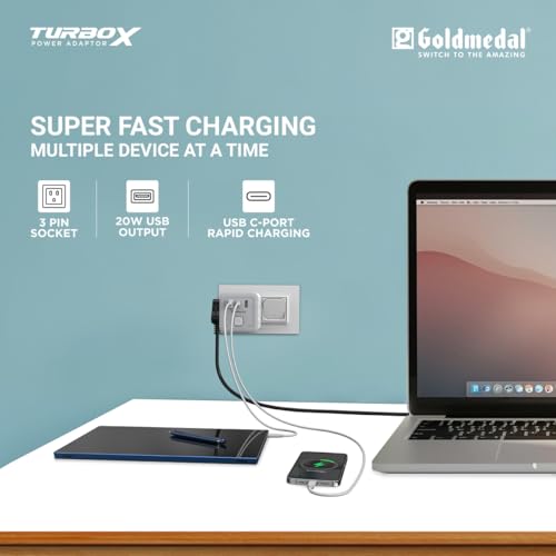 Image of Goldmedal TurboX All-in-One Charging Power Adapter with Master Switch | 4 International Sockets, 2 USB-A & 1 USB-C Port | Fast Charging Travel Adapter | White