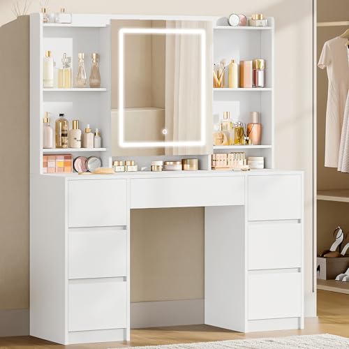 Hzuaneri 108 cm Tocador de Maquillaje Grande, Tocador con Luz LED Ajustable, Espejo, 7 Cajones, 4 Estantes, Almacenamiento Detrás del Espejo, Estilo Moderno, Dormitorio, Blanco DT43203XEU