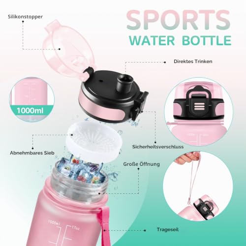 Grsta Trinkflasche 1l, Trinkflasche Sport, Trinkflasch mit Zeitmarkierung, Kann mit Dir Tragen, Trinkflasch Auslaufsicher… – Ansicht 4