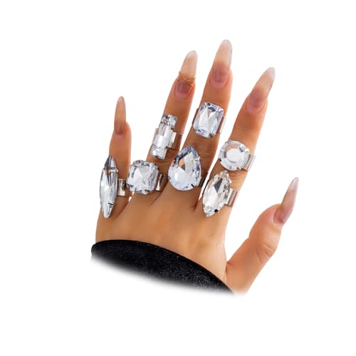 FUTIMELY 7Pcs Chunky Crystal Knuckle Rings Set,Sparkling Geometric Personalized Promise Midi Ring Set,Aesthetic Adjustable Waterdrop Round Rings for Women