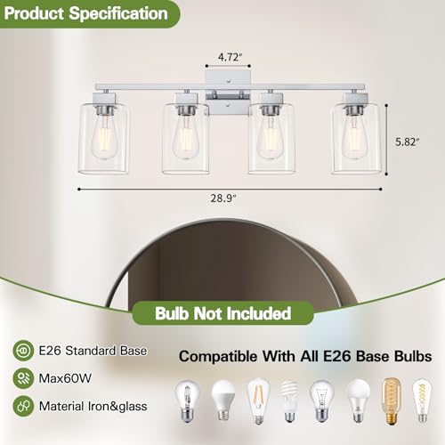 Image of 4 Light Bathroom Vanity Light - Chrome Bathroom Light Fixtures Square Design & UL Certification, 26 inch Square Bath Room Lights Over Mirror, Vanity Lighting Fixtures for Living Room & Bedroom