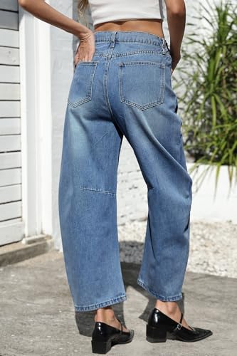 D-Sun Women Casual Mid Rise Barrel Jeans Wide Leg Cropped Horseshoe Denim Trousers Baggy Vintage Boyfriend Denim Pant Pocket3