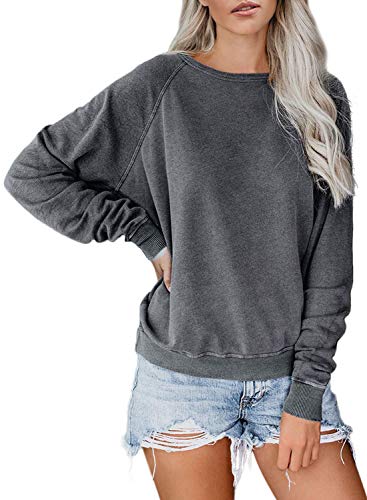 AlvaQ Women's Long Sleeve Crewneck Tops Autumn Winter Casual Loose Tunic Shirts Blouses Pullover Sweatshirts Grey Medium