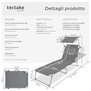 tectake® Lettino, Sedia a Sdraio con Parasole, Schienale Regolabile in 4 Posizioni, Rivestimento Resistente, Giardino, Spiaggia, Lettino da Sole, Lettino pieghevole - Grigio