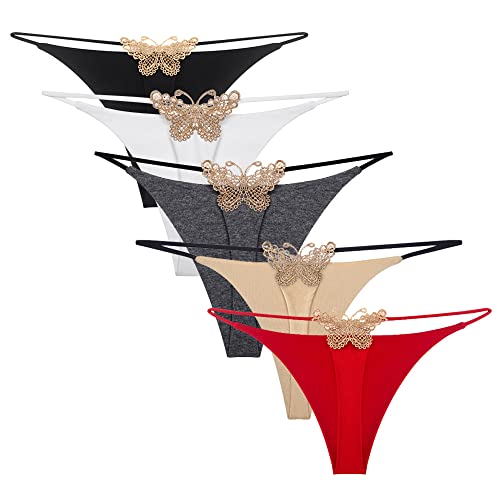 KOEMCY 5 Pièces String Femme Sexy Tanga String sans Couture T-Back Strings Papillon Culottes Taille Basse Thongs Slips Multicolore Lingerie Bikini (XL) Cover