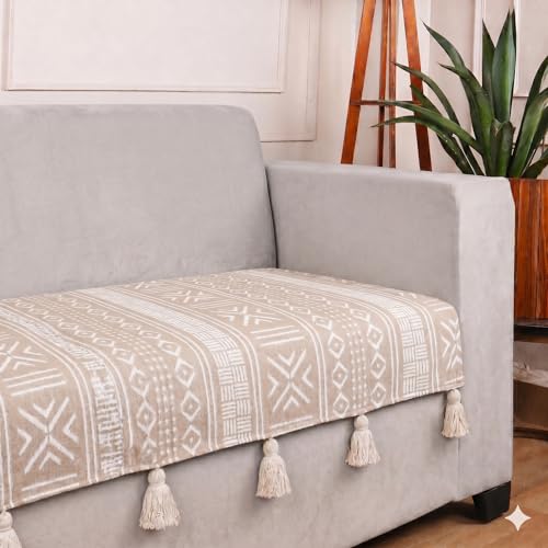 Image of STITCHNEST 'Verdant Bohemian Stories' 2 Seater Sofa Cover| Elegant Jacquard Fabric, Decorative Tassels, Washable & Durable for Modern Living
