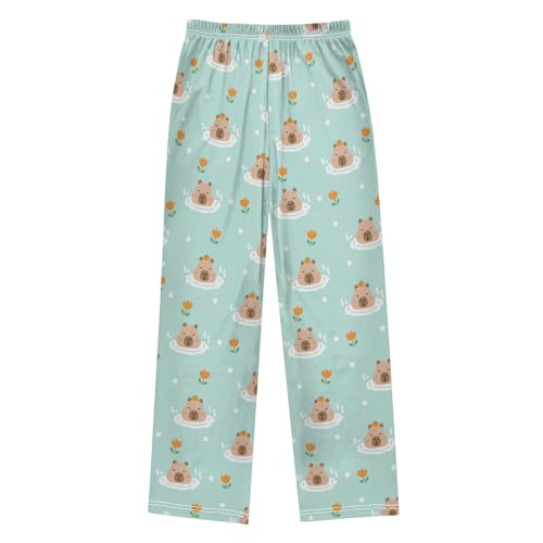 Cartoon Bathing Capybara with Flowers Cute Pajama Pants, Soft Sleepwear Lounge Pants Pajama Pj Bottoms for 6-14 Years2
