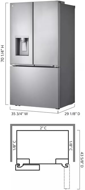Diagram showing the dimensions of the LG LRYXC2606S refrigerator