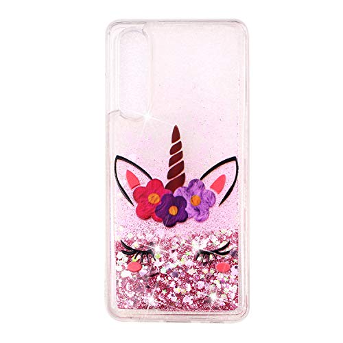 COTDINFOR Compatible Huawei P30 Funda Liquid Case Centelleo Glitter Quicksand Sparkle Floating Silicone Shockproof Teléfono Fundas para Huawei P30 Sleeping Beauty Unicorn XYLS.