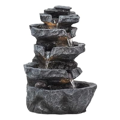 5-Tiered Outdoor Cascading Rock Water Fountain, 22 Inch Resin Garden Waterfall Feature with LED Lights Pump, Modern Decorative Stone Waterfall for Patio Yard Deck US