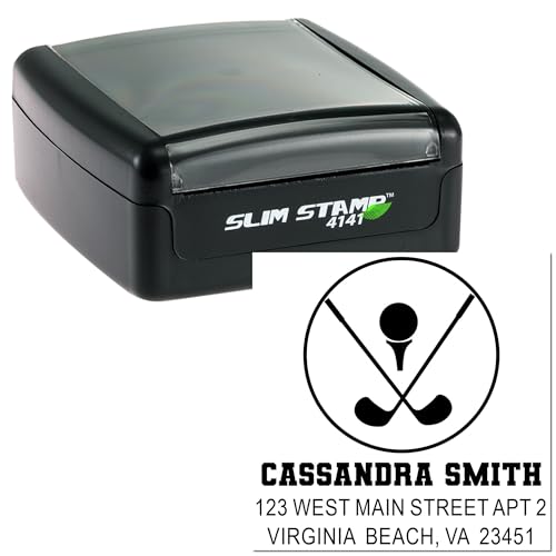 Image of Custom Sporty Crossed Sticks Slim Pre Inked Rubber Stamp - Custom Wording | Pocket Size Rubber Stamp. Choice of 5 ink colors. Artisan Rubber Stamp. Up to 50 characters per line. Slim travel body.