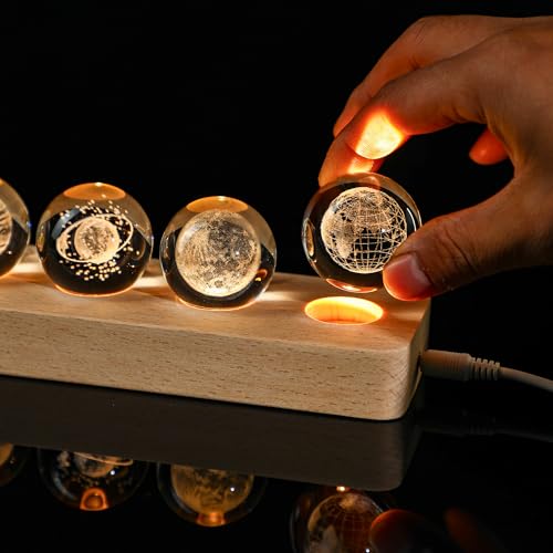 Set of 7 Planet Crystal Ball Night Light 1.57-inch Solar System Galaxy Decorative Balls with LED Wooden Base for Meditation Positive Energy Decor