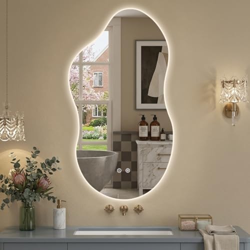 Image of Irregular Backlit Mirror with Lights 20 inchx36 inch Asymmetrical Cloud Mirror Led Bathroom Vanity Mirror for Wall Abstract (Horizontal /Vertical)