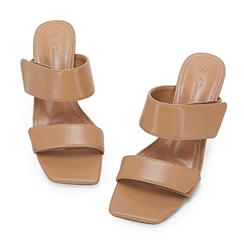 Ermonn Womens Two Strap Heeled Sandals Slip On Square Open Toe Stiletto Faux Leather Backless Mule Heels Slippers2