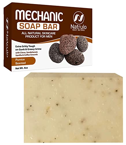 Men’s Natural Mechanic Soap for Hands & Body, 4oz Scented Pumice Soap Bar for Him – Extra Gritty Tough on Gunk & Greasy Grime Exfoliating Soap with Citrus, Sandalwood, Vanilla & Coffee Grounds – Quality Soap Handcrafted in the USA