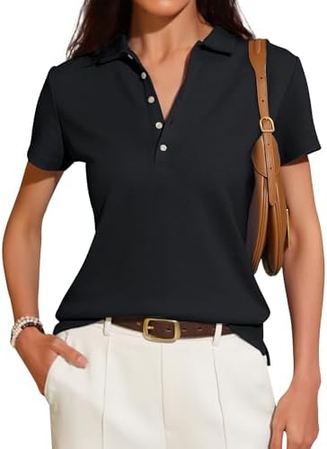 Women's Short Sleeve Polo Shirts 2025 Summer Collared V Neck Button Down Blouse Business Casual Tops