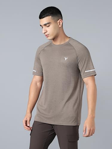 Image of TECHNOSPORT Men's Melange Slim Fit Round Neck T-Shirt Double Cool Raglan Sleeve Slip On Polyester for Gym Running Workout UPF50+ Anti Odour
