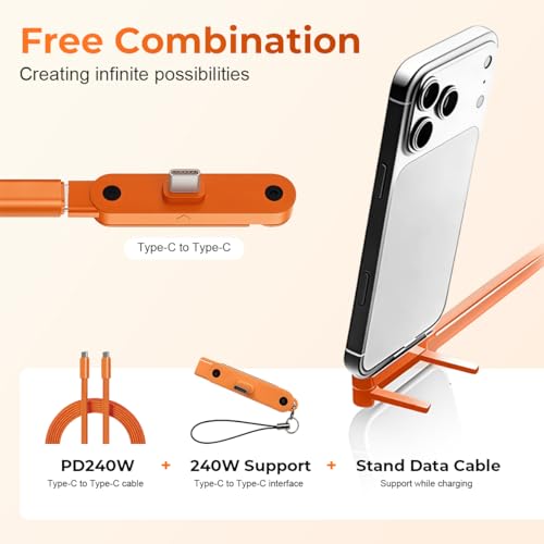 Image of Verilux 240W Type C Cable Fast Charging & Type C Connector with Foldable Phone Stand, 1.5M /4.9Ft Flat PVC USB C Cable with 480Mbps Data Transfer for iPhone 17 /16 /15, Galaxy S26 /S25 /S24