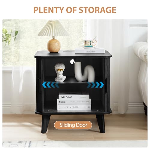 Image of 24 inch Square Side Table with Charging Station, Fluted Nighstand with Storage & Sliding Door, Large Wood End Table for Bedroom, Living Room (Square, Black)