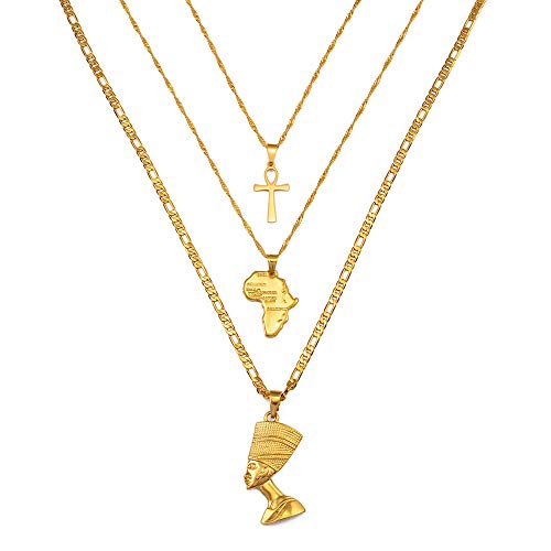 Afrika Karte 3 Stück Halsketten Zusammen Ankh Nofretete Afrika Karte Anhänger Gold/Silber Farbe Geburtstagsfeier Ethnischer Schmuck Wome Afrikanisches Mutterland Mystische Kraft Hip Hop Kultur Urla