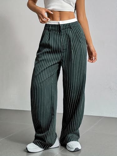 Women's Striped High Waist Wide Leg Pants Loose Color Block Straight Leg Suit Trousers with Pockets Casual Office Work3