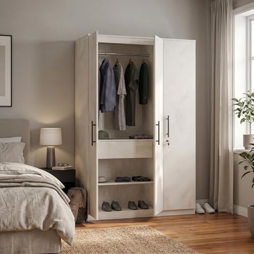Image of FFO Metrix 3 Door Wardrobe for Bedroom | Black Wooden Almirah with Hanging Rod, Shelves & Lock | Spacious Clothes Storage Cabinet for Home, Bedroom, Hostel & Office | Modern Engineered White DIY.