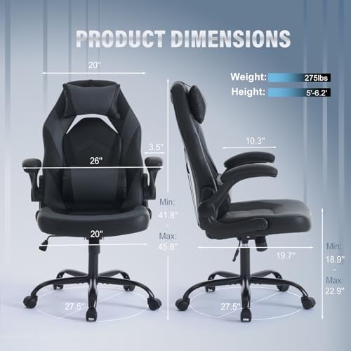 Image of Sweetcrispy Ergonomic Gaming Desk Chair - Computer Video with Comfy Lumbar Support and headrest, PU Leather with Flip-up Arms, Adjustable Height and Swivel Wheels, Home and Office, Grey