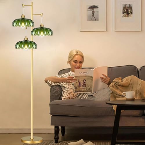 Image of ZECOXOL Gold Floor Lamps for Living Room Bedroom-3 Light Glass Floor Lamp with Three Led Bulb,Mid Century Standing Lamp Vintage Brass Tall Lamp Tree Floor Lamp for Bedroom Corner