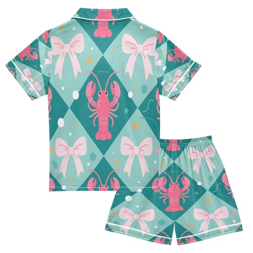 Satin Pajama Sets Short Sleeve Lobster Bow Tie Polka Dot Button Down Silky Nightwear 2 Piece PJS 5-14Y2