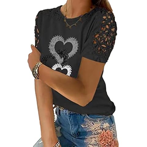 Camiseta Colisha de manga corta para mujer con estampado de corazón y encaje Cover