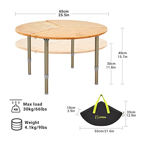 Atepa Bamboo Folding Table 4, Folding Table with 2-3 Adjustable Heights, Lightweight, Aluminium Alloy Legs, Anti UV Coating, with Carry Bag, for 2 to 6 People, Camping, Garden - Image 3