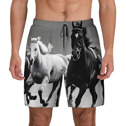 Short de bain pour homme séchage rapide maillot noir et blanc motif chevaux