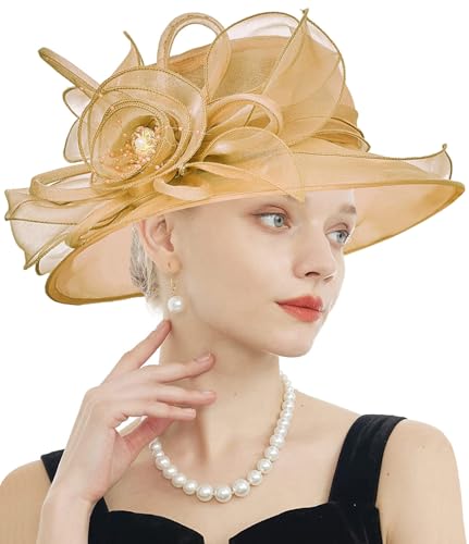 RZTA Womens Kentucky Derby Church Dress Hat Wide Brim Leaf Flower Bridal Shower Hat F1-Gold