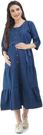KOI SLEEPWEAR Denim Full Frock with Button &Feeding Pockets