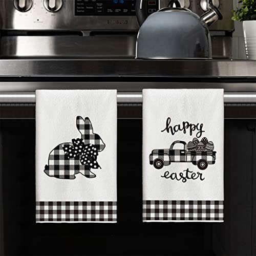 Artoid Mode Buffalo Plaid Rabbit Truck Kitchen Dish Towels, 18 X 26 Inch Seasonal Happy Easter Holiday Ultra Absorbent Drying Cloth Tea Towels For Cooking Baking Set Of 2 #TOP6