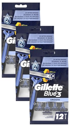 Gillette Blue 3 Smooth Rasoirs Jetables Homme, Pack de 12 Rasoirs [OFFICIEL] (Lot de 3)