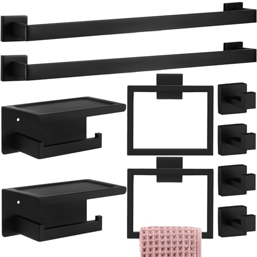 Image of 10 Pcs Bathroom Accessories Set, 24 Inch Bathroom Hardware Set, Stainless Steel Bath Towel Bar, Towel Racks, Robe Hook, Toilet Paper Holder with Phone Shelf Wall Mounted for Gifts (Matte Black)