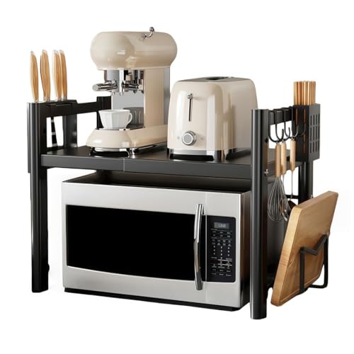 NYHGOXM 伸縮式 レンジ上ラック 幅調節可能 耐荷重50kg 収納 キッチン 電子レンジ台 組み立て簡単 スリム設計 キッチン棚 冷蔵庫上トースター (ブラック,単層伸縮式まな板ラック+箸置き+包丁置き)