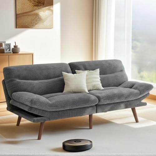 Pipishell Futon Sofa Bed, 66' Corduroy Futon Couch Convertible with Adjustable Backrest and Armrests, Recliner Sleeper Sofa, for Small Spaces Living Room, Apartment, Guest Room or Office, Grey